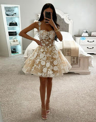 Sparkly Corset Champagne Floral A-Line Short Homecoming Dress