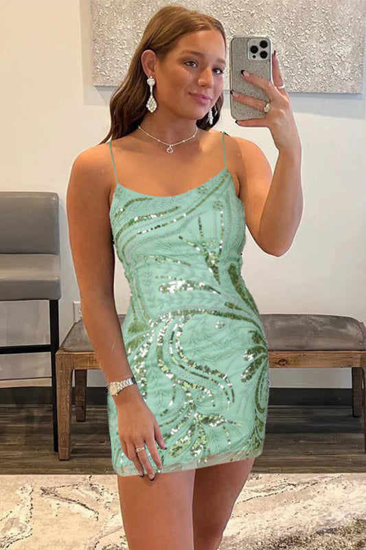 Glitter Green Sequins Tight Beaded Short Homecoming Dress