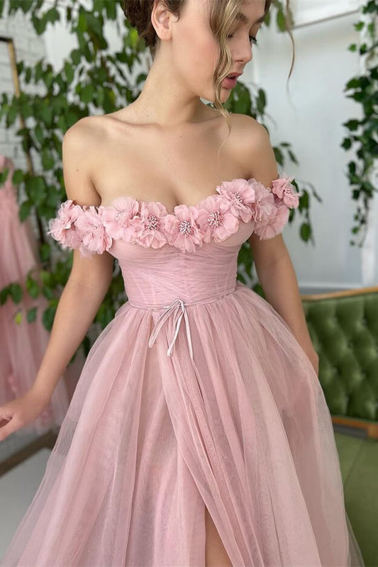 Dusty Pink Off-The-Shoulder A-Line Evening Dress with Strapless Slit and Tulle Appliques