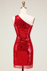 Glitter Red One Shoulder Sequins Stars Tight Short Homecoming Dress