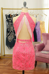 Pink Open Back Halter Lace Tight Homecoming Dress