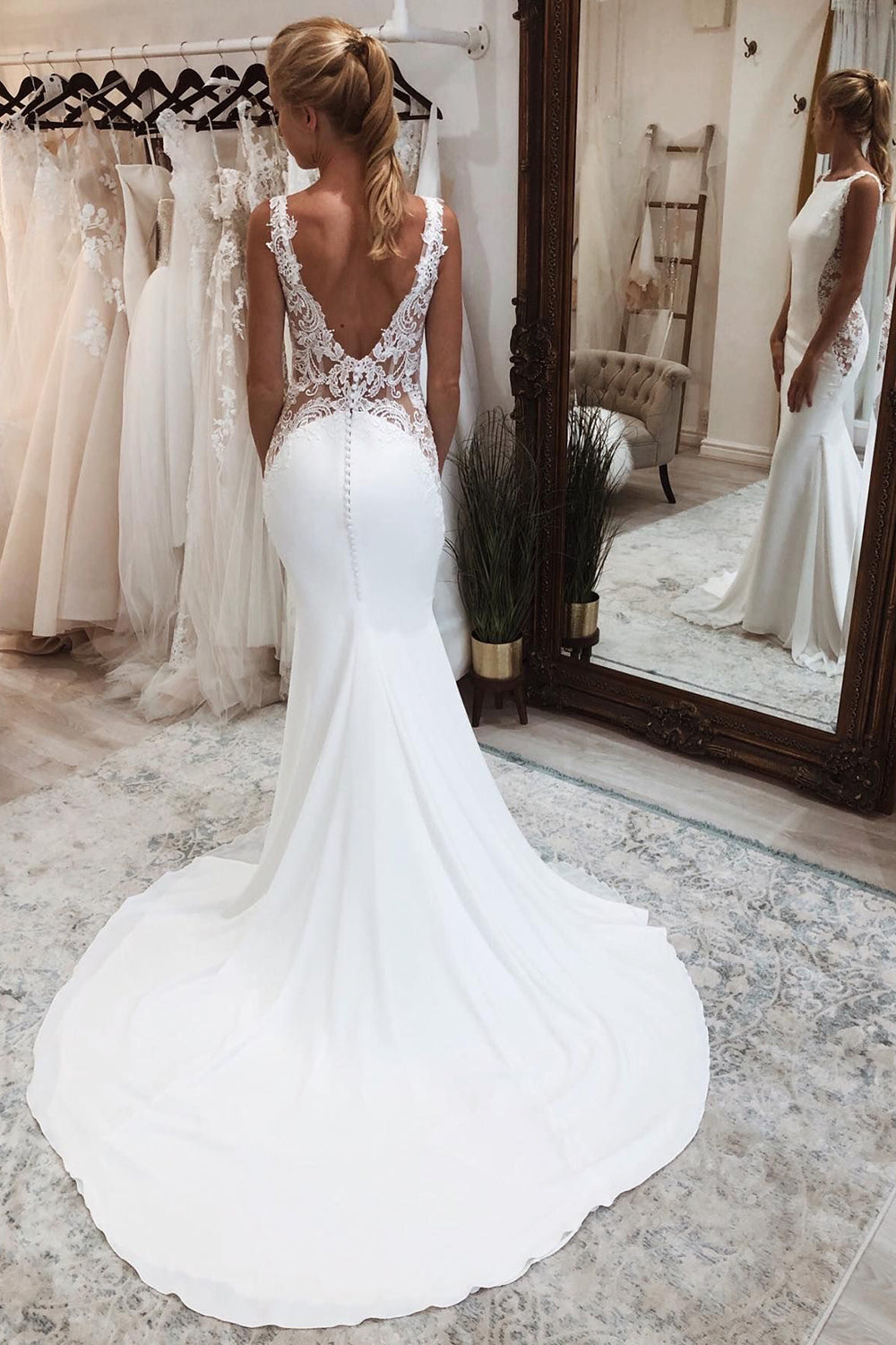 Timeless White Long Mermaid Boho Wedding Dress with Lace