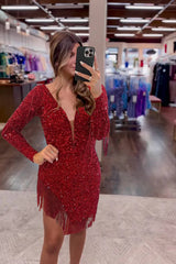 Sparkly Dark Red Sequined Long Sleeves Tight Short Homecoming Dress with Fringes