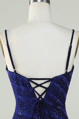 Sparkly Sheath Spaghetti Straps Royal Blue Short Homecoming Dress with Beading