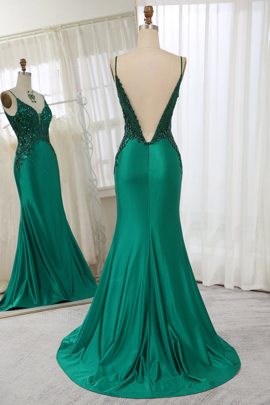 Glitter Dark Green Mermaid Backless Long Prom Dress With Beaded Appliques