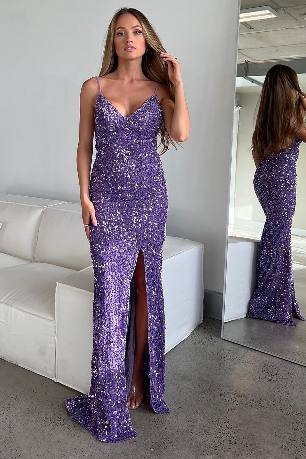 Sparkly Purple Mermaid Long Prom Dress With Slit