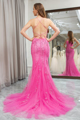 Fuchsia Mermaid Spaghetti Straps Backless Long Prom Dress With Appliques