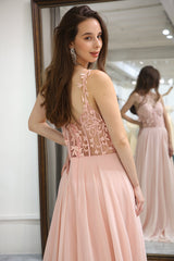 Light Pink Backless Long Corset Appliqued Prom Dress