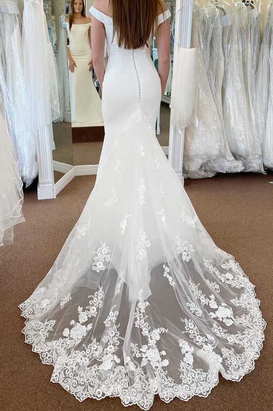 Beautiful White Off-the-Shoulder Long Mermaid Wedding Dress with Lace