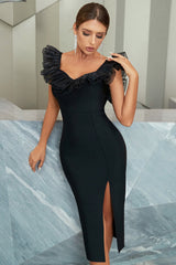 Sheath V Neck Tea Length Black Party Dress