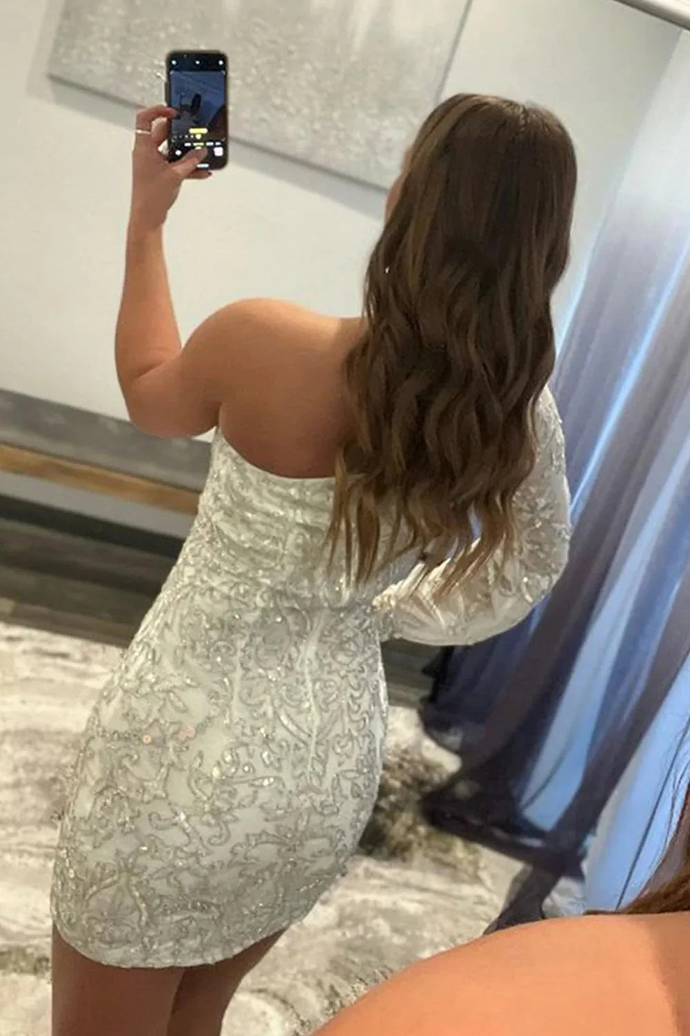 White Beaded Sequins One Shoulder Tight Homecoming Dress