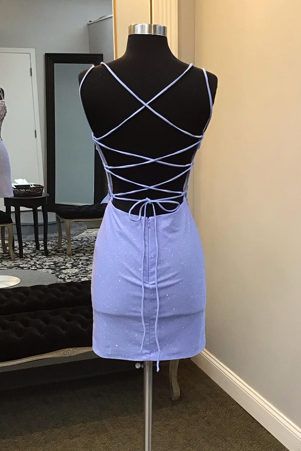 Glitter Blue Spaghetti Straps Corset Tight Short Beaded Homecoming Dress