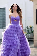 Purple Tulle A Line Long Tiered Prom Dress With Front Slit