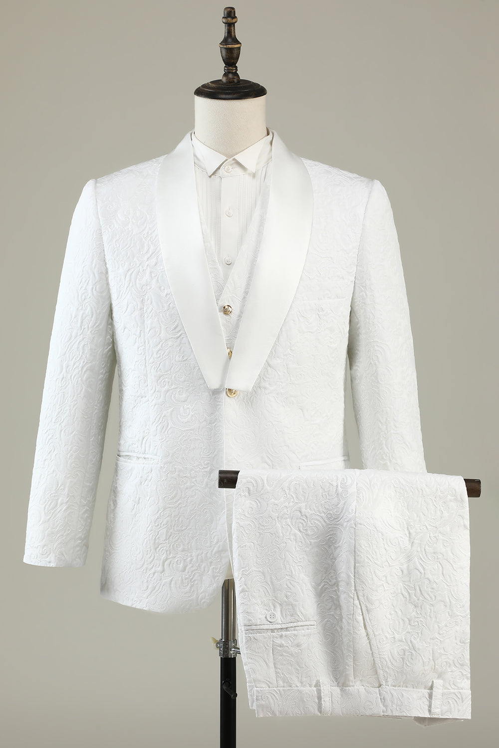 Classy White Jacquard Shawl Lapel 3-Piece Prom Suit