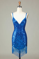 Glitter Blue Beaded Fringed Tight Short Homecoming Dress