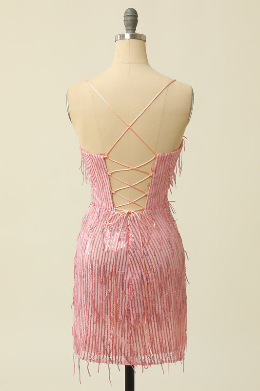 Pink Spaghetti Straps Bodycon Homecoming Dress With Feathers