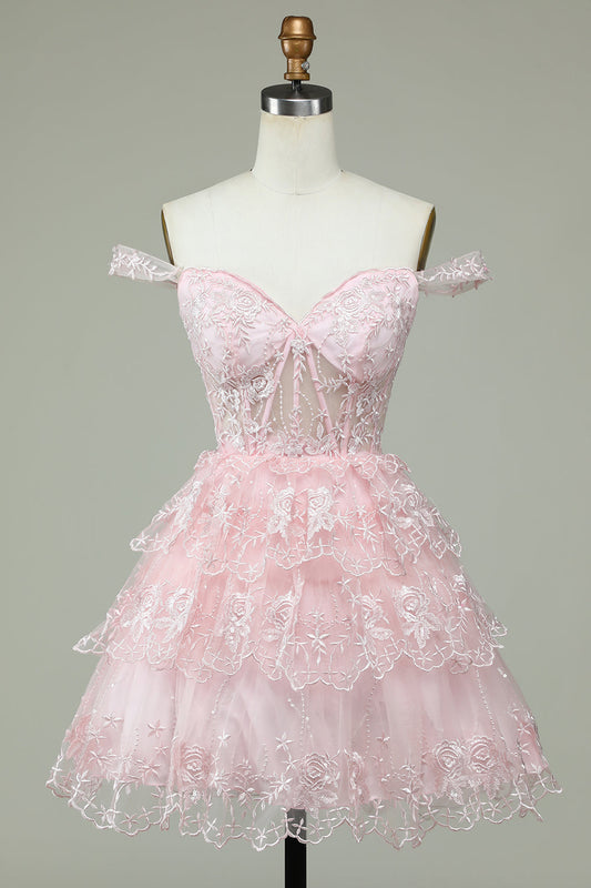 Pink Corset A-Line Short Homecoming Dress with Lace