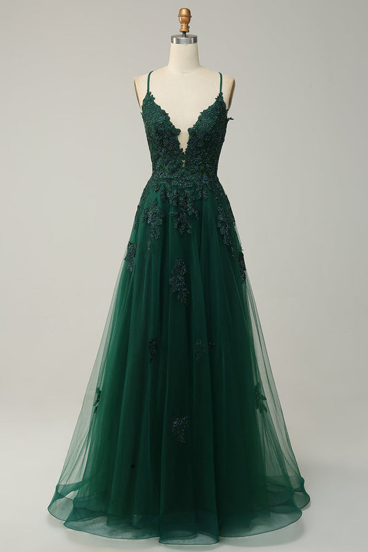 Dark Green A-Line Tulle Appliques Long Prom Dress with Slit