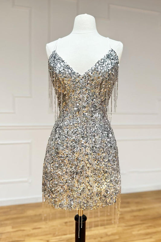 Sparkly Silver Sequin Fringed Tight Short Homecoming Dress