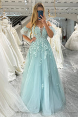 Mint A Line Tulle Off the Shoulder Long Prom Dress With Appliques