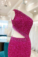 Sparkly Fuchsia Sequins Fringed Cut Out Tight Short Homecoming Dress