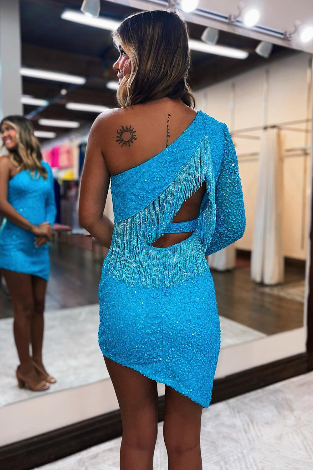 Sparkly Sky Blue One Shoulder One Sleeve Tight Homecoming Dress with Fringes