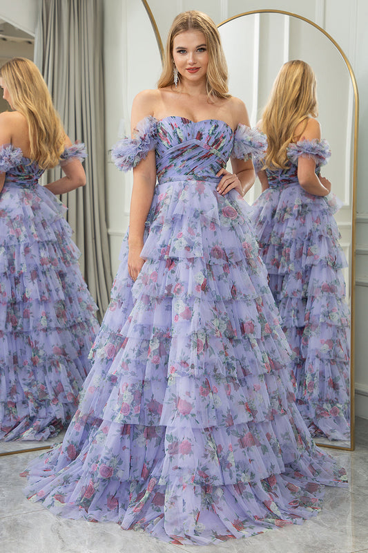 Lavender A Line Strapless Tiered Long Prom Dress With Feathers