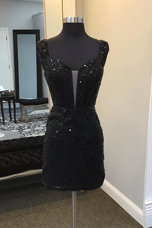 Sparkly Black Corset Fringed Sequin Tight Short Homecoming Dress