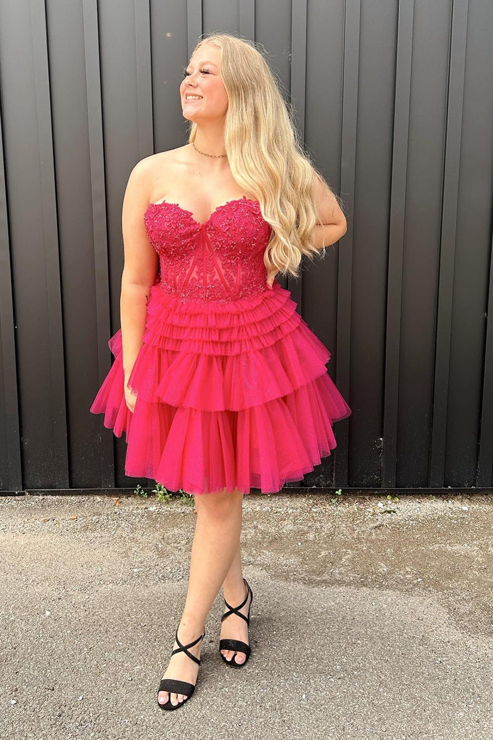 Glitter Pink Corset A-Line Tiered Short Homecoming Dress with Lace