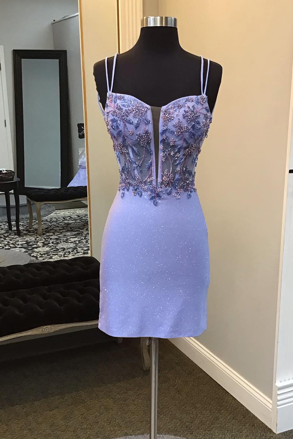 Glitter Blue Spaghetti Straps Corset Tight Short Beaded Homecoming Dress