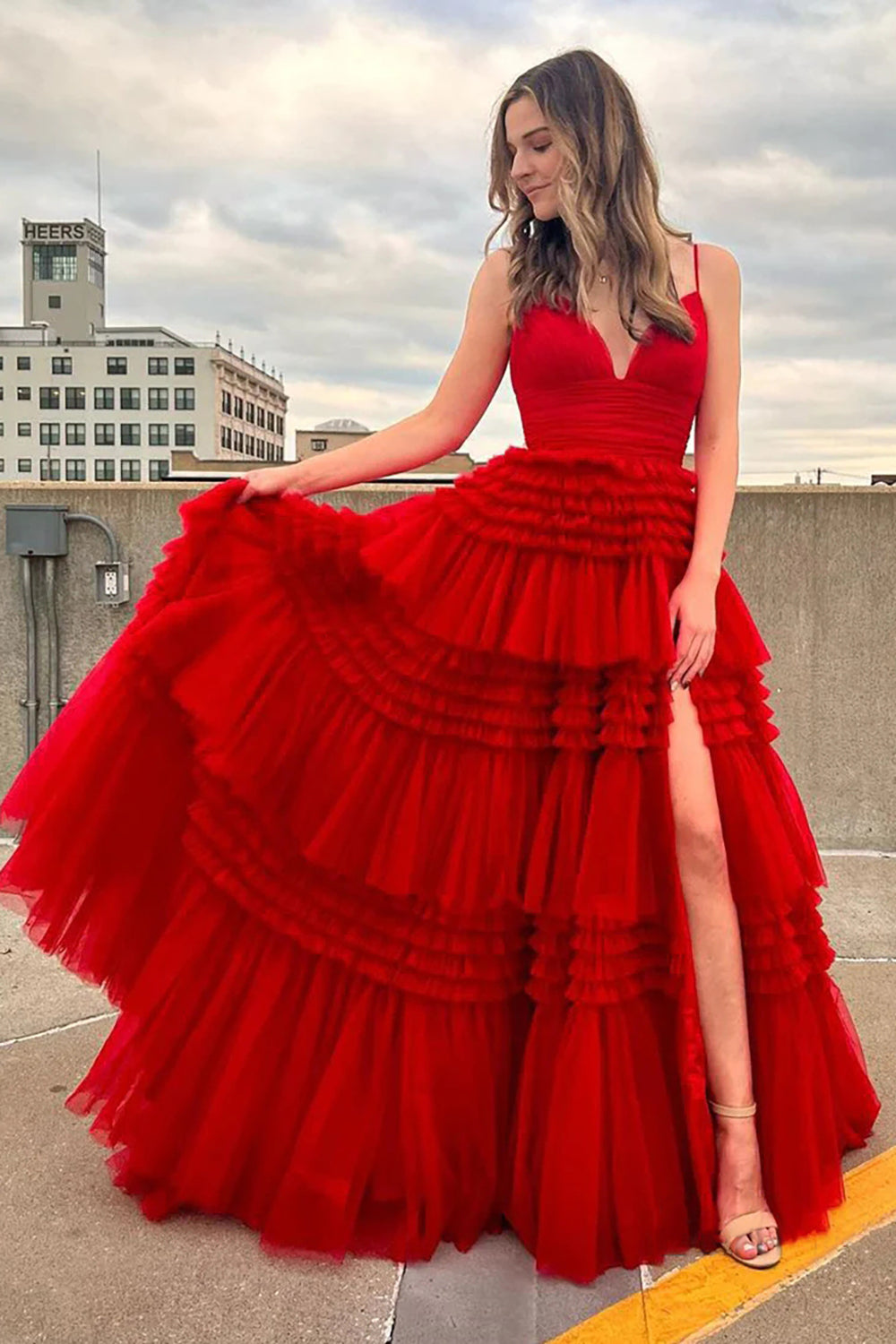 Fuchsia Tulle Spaghetti Straps Long Prom Dress