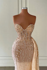 Stunning Champagne Mermaid Evening Dress with Sweetheart Sleeveless Beadings and Ruffles