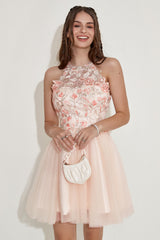 Champagne Halter Homecoming Dress with Embroidery