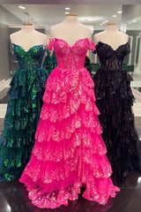 Sparkly Fuchsia Tiered Long Lace Prom Dress with Slit