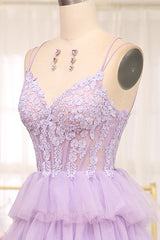 Elegant Lilac A Line Tiered Long Corset Prom Dress With Appliques