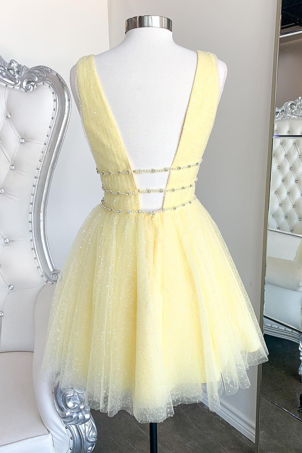 Sparkly Yellow Beaded Sequins A-Line Short Homecoming Dress