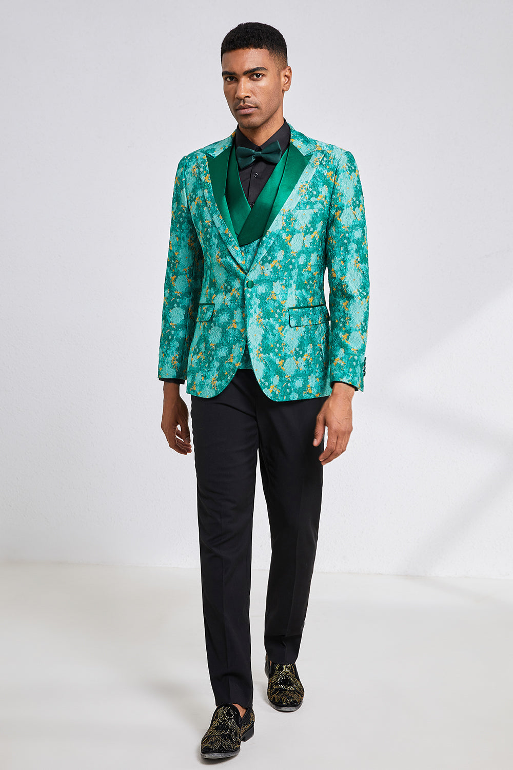 Charming Green Jacquard 3-Piece Peak Lapel Men's Prom Homecoming Suit