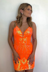 Sparkly Orange Sequined Backless Tight Short Homecoming Dress