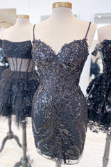 Black Corset Sequin Short Homecoming Dress with Appliques