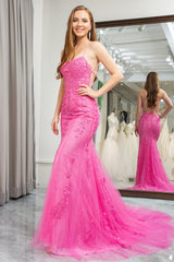 Fuchsia Mermaid Spaghetti Straps Backless Long Prom Dress With Appliques