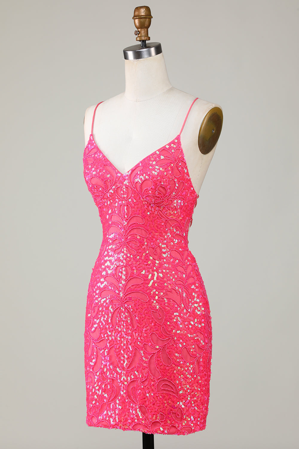 Hot Pink Sparkly Beaded Tight Short Homecoming Dress