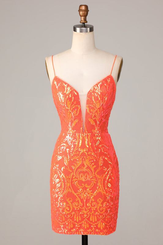 Bodycon Spaghetti Straps Orange Sequins Short Homecoming Dress