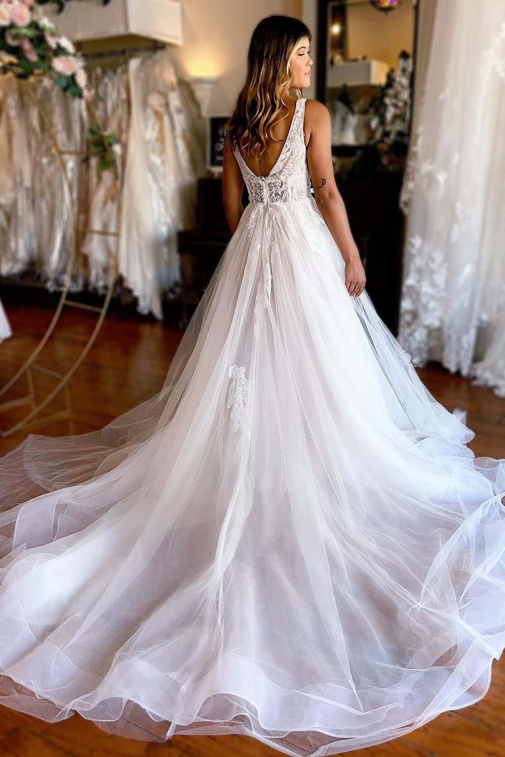 Stylish Ivory A-Line Deep V-Neck Backless Long Wedding Dress with Lace