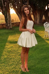 A Line Homecoming Dress Cap Sleeve Strapless Satin Short Cocktail Dress With Lace Appliques