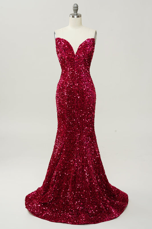 Fuchsia Sweetheart Neck Sequined Mermaid Prom Dress With Sweep Train