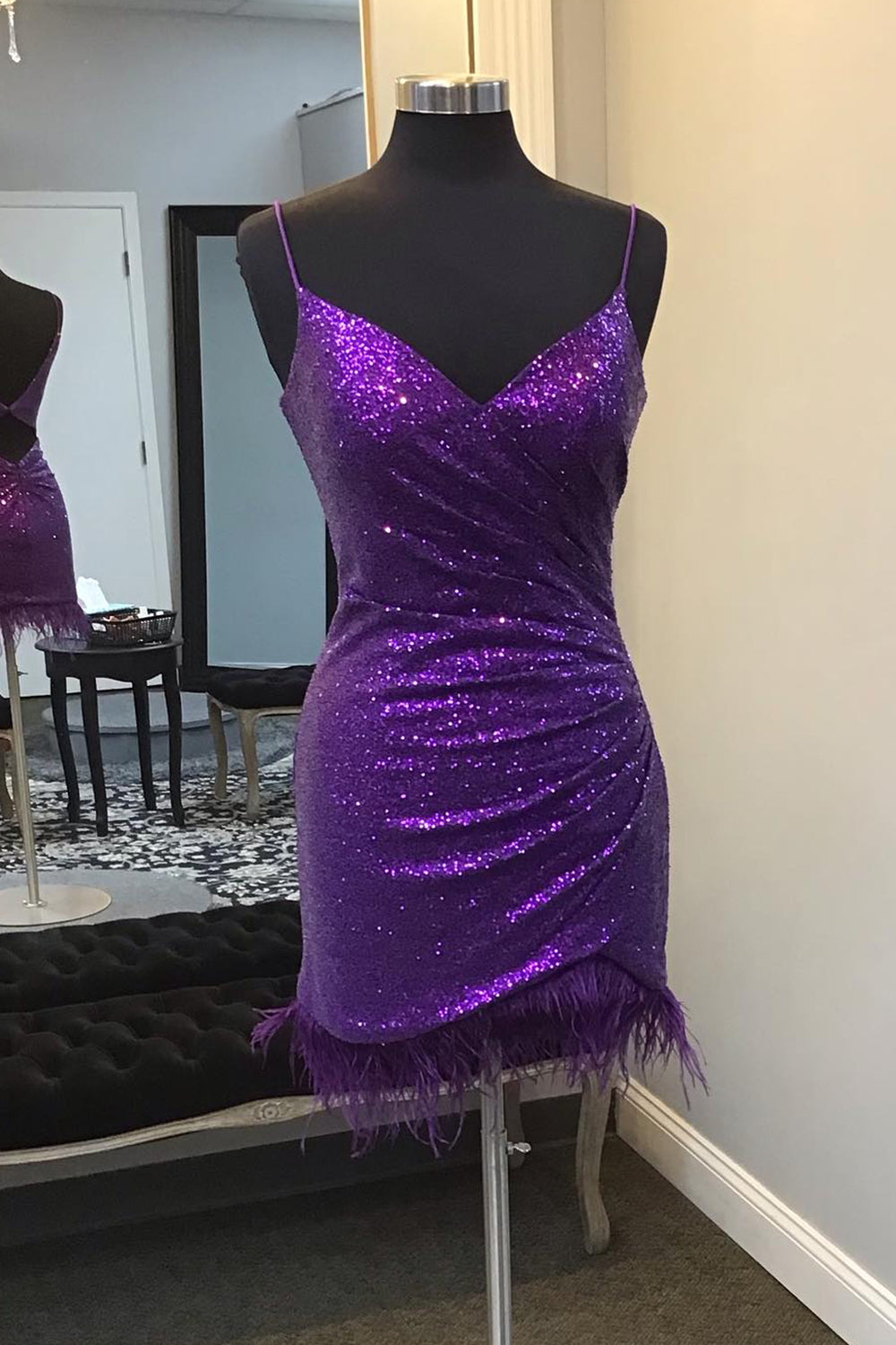 Sparkly Purple Sequin Open Back Tight Short Homecoming Dress with Feathers