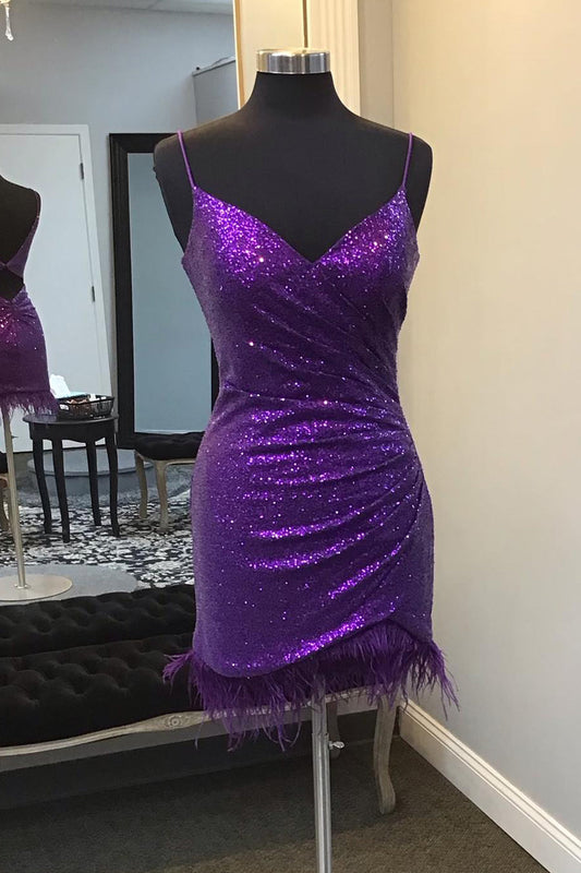 Sparkly Purple Sequin Open Back Tight Short Homecoming Dress with Feathers