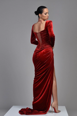 Samt Long Sleeves Square Pleated High Slit Evening Dress