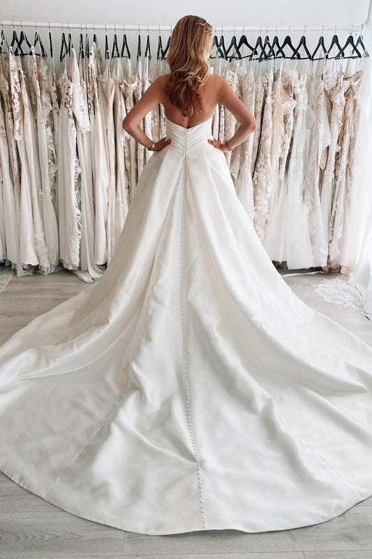 Timeless White Satin Long A-Line Wedding Dress with Slit