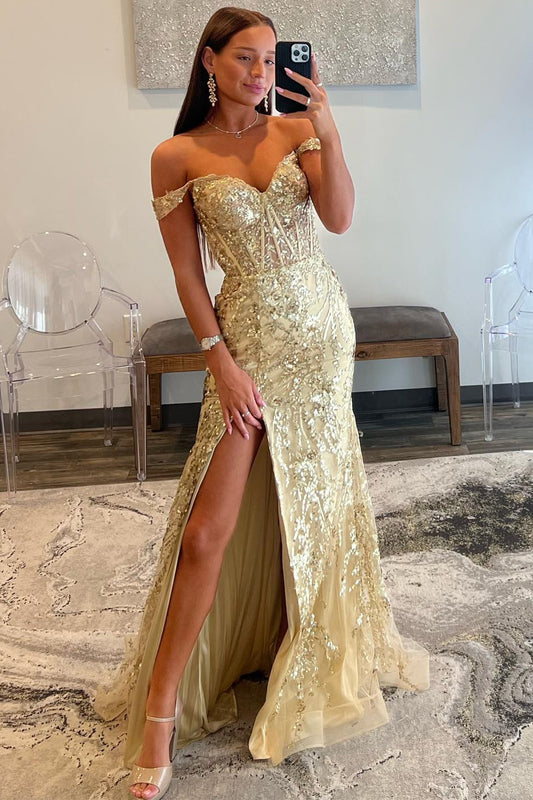 Sparkly Mermaid Golden Long Sequins Prom Dress With Slit